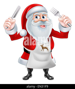 Un Natale cartoon illustrazione di Santa Claus in possesso di un coltello e forchetta e indossare un grembiule Foto Stock