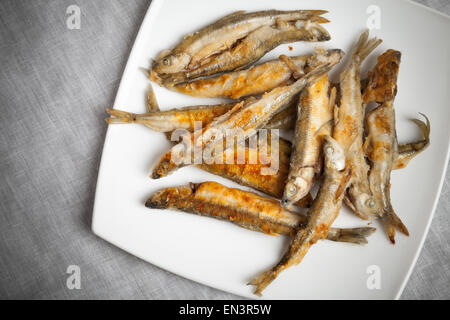 Frittura di pesce smelleds giace su una piastra bianca sulla tovaglia grigio Foto Stock