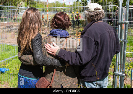 Bristol, Regno Unito. 27 apr, 2015. Un vecchio albero di quercia, che fu occupato dai manifestanti per diverse settimane prima che essi erano stati sfrattati, è abbattuto come si guarda da dietro un muro di sicurezza. Belinda Faulkes di risalita, il gruppo che ha cercato di proteggere il verde-campo sito, descritto come un "annuncio il giorno". Questa parte del Metrobus di sviluppo è stata controversa in un anno che Bristol è la capitale verde europea. Bristol, Regno Unito. Il 27 aprile 2015. Credito: Fotografia Redorbital/Alamy Live News Foto Stock