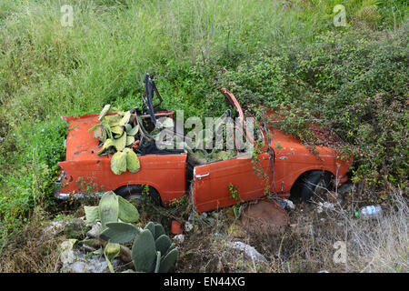 Vecchio abbandonato Triumph Herald auto marciume di distanza tra la vegetazione di cactus in Spagna Foto Stock