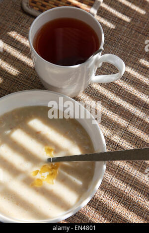 Prima colazione in mattina di sole. Farina di avena porridge nel recipiente bianco Foto Stock