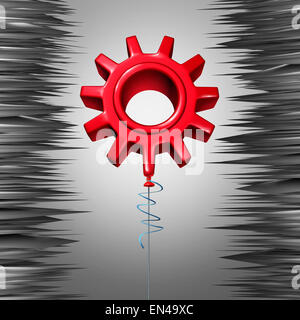 Bolla finanziaria la concezione di business come vulnerabili palloncino rosso a forma di una macchina a ingranaggi o ruota dentata flottante pericolose tra aghi appuntiti come una metafora per investimento rischioso e Azione sopravvalutata prezzo gonfiato o industria. Foto Stock