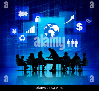 Incontro di lavoro con segni diversi in background Foto Stock