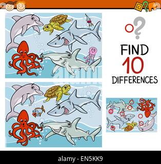 Illustrazione del fumetto di trovare differenze gioco educativo per bambini in età prescolare Illustrazione Vettoriale