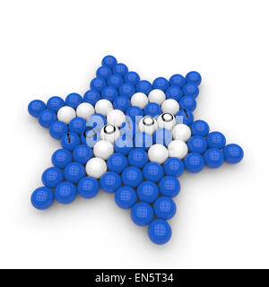 Blu e bianco a forma di palline in un hexagram con un numero primo 73 la figura e il codice binario in medio su uno sfondo bianco. Foto Stock