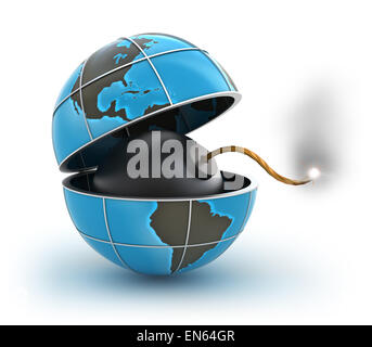 Pianeta a livello globale e pericolo isolato su bianco Foto Stock