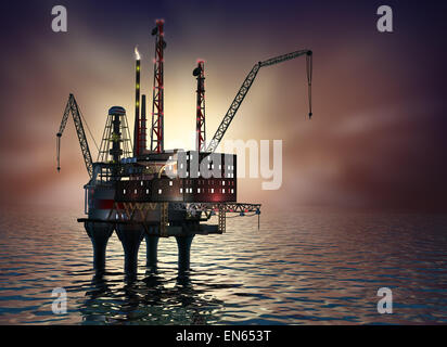 Foratura piattaforma offshore nel Mare di notte. Immagine 3D. Foto Stock