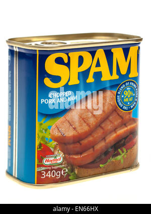 340g può di Spam le conserve di carne di maiale tritata e prosciutto 90 percento su licenza di carne da Hormel Foods Foto Stock