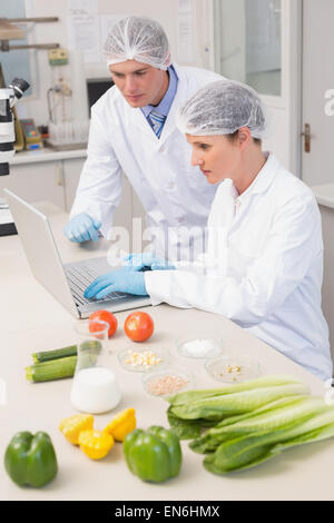 Gli scienziati che lavorano con il computer portatile e verdure intorno a loro Foto Stock