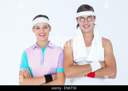 Geeky hipster matura in posa di abbigliamento sportivo Foto Stock