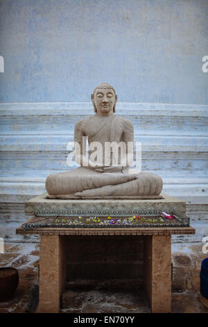 Una statua di Buddha a base di Mirisavatiya dagoba nell'antica città di Anuradhapura, Sri Lanka. Foto Stock