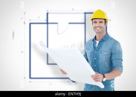 Immagine composita di felice architetto blueprint di contenimento in casa Foto Stock