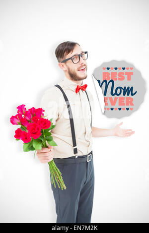 Immagine composita di geeky hipster offrendo mazzo di rose Foto Stock