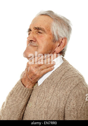 Il vecchio uomo con mal di gola su aviaria isolati su bianco Foto Stock