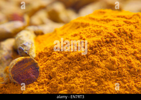 Telaio completo di curcuma in polvere e curcuma radici Foto Stock