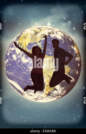 Immagine composita di allegro coppia giovane jumping Foto Stock