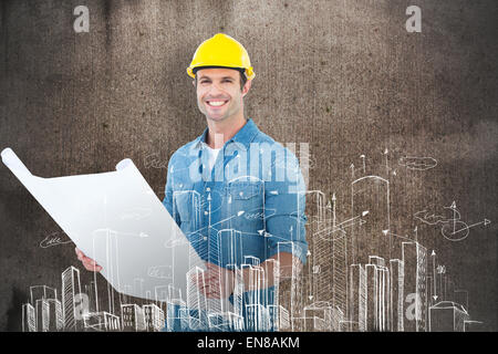 Immagine composita di felice architetto blueprint di contenimento in casa Foto Stock