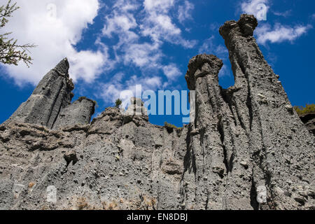 Il putangirua riserva paesaggistica, o pinnacoli, una zona di ghiaia erosa lasciando alte pile di ghiaia, Nuova Zelanda. Foto Stock