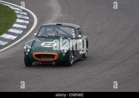 Ian Burford 1959 Sebring Sprite duro in curva a Woodcote durante il Les Leston Cup gara al Goodwood 73rd Assemblea dei Soci Foto Stock