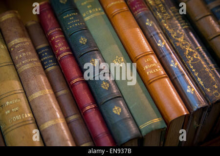 Vecchi libri in lingua francese in una libreria nella Galerie Vivienne, Parigi, Francia Foto Stock