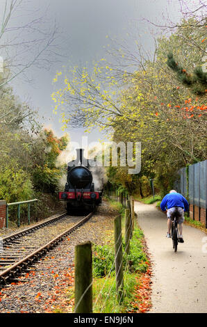 Classe J15 n. 7564 passa un ciclista sul Bristol & bagno percorso ferroviario vicino Bitton stazione. Foto Stock