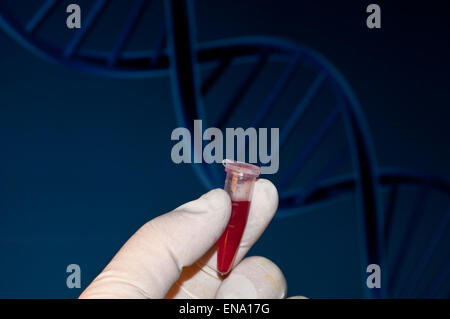 Il test del DNA del sangue in laboratorio. Il tubo di sangue sul contesto del DNA. Foto Stock