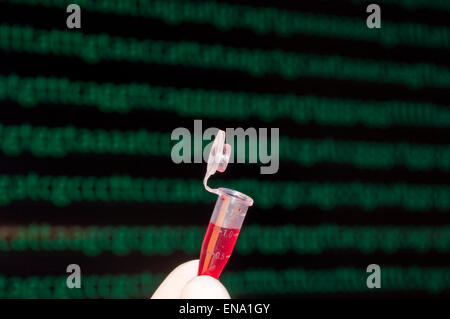 Il test del DNA del sangue in laboratorio. Il tubo di sangue sul contesto del DNA. Foto Stock