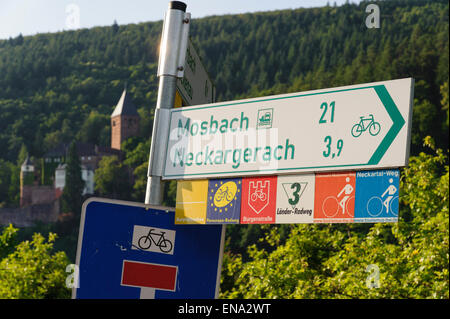 Orientamento per il ciclismo, percorsi per mountain bike, percorsi bike am Neckar, Odenwald, Hesse, Germania Foto Stock