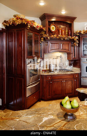 Una cucina moderna dotata di legno scuro di armadi, attrezzature in acciaio inossidabile e superfici in granito. Foto Stock
