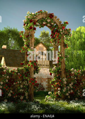 Computer grafica 3D di un arco di rosso e rose bianche Foto Stock