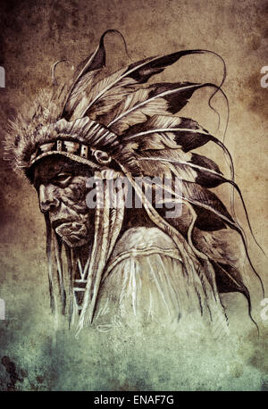 Schizzo di arte del tatuaggio, Native American Indian Head, chief, in stile vintage Foto Stock