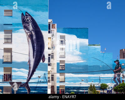 Giornata di pesca murale di José Fernandez Rios in Estepona Spagna Foto Stock