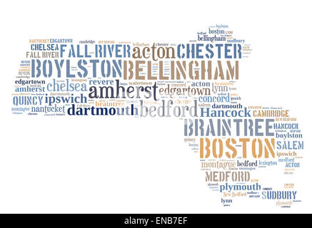 Nuvola di parole nella forma del Massachusetts che mostra alcune delle città nello stato Foto Stock