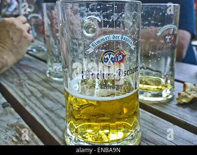 Rilassatevi bevendo birra in un ristorante a cielo aperto (Biergarten) tipico della Baviera e di Monaco di Baviera Foto Stock