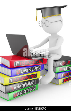 Uomo con notebook seduto su una pila di libri per lo studio di business Foto Stock