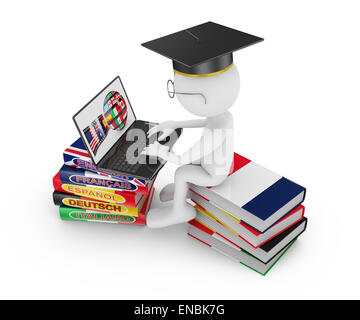 Uomo con notebook seduto su una pila di libri di apprendimento delle lingue Foto Stock