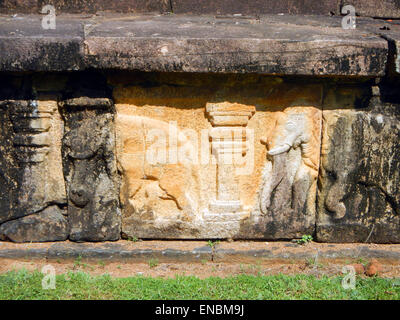 Close up di elefanti in bassorilievo, consiglio la camera del re Nissankamalla, sito Patrimonio Mondiale dell'UNESCO, Polonnaruwa, Sri Lanka, Foto Stock