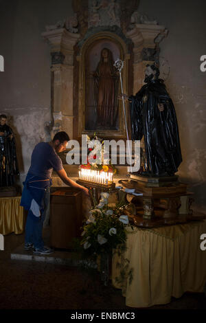 Cocullo, Italia. Il 1 maggio, 2015. Ogni anno a Cocullo (Abruzzo, Italia) si tiene un festival unico in onoour di san Domenico, protettore da Snake bite. La tradizione è antica come l essere umano sulla terra perché snake rappresentano il collegamento tra uman vita e la madre terra. I serpenti nella foto sono 'quattro rivestita snake' (Elaphe quatuorlineata). Serpari (questo è il nome del popolo che vive di suoneria serpente) è il solo le persone in Europa con il permesso di caccia e detenere serpenti, che verrà liberato i giorni dopo il festival Credito: Francesco Gustincich/Alamy Live News Foto Stock