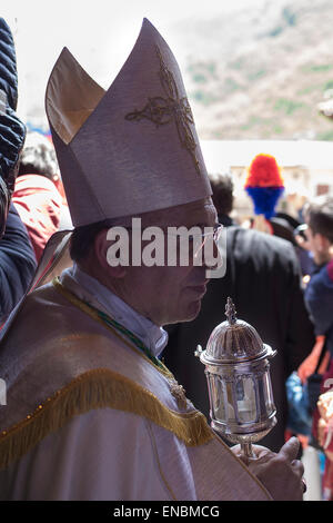 Cocullo, Italia. Il 1 maggio, 2015. Ogni anno a Cocullo (Abruzzo, Italia) si tiene un festival unico in onoour di san Domenico, protettore da Snake bite. La tradizione è antica come l essere umano sulla terra perché snake rappresentano il collegamento tra uman vita e la madre terra. I serpenti nella foto sono 'quattro rivestita snake' (Elaphe quatuorlineata). Serpari (questo è il nome del popolo che vive di suoneria serpente) è il solo le persone in Europa con il permesso di caccia e detenere serpenti, che verrà liberato i giorni dopo il festival Credito: Francesco Gustincich/Alamy Live News Foto Stock