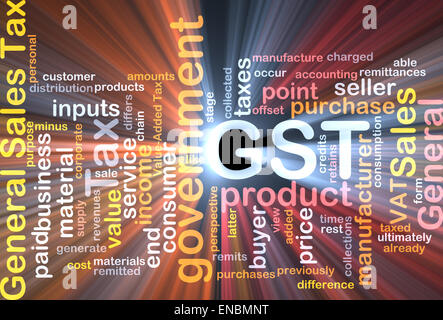 Sfondo del modello di testo concetto wordcloud illustrazione della tassa GST luce incandescente Foto Stock