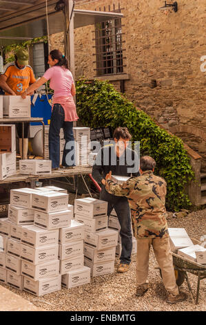 Il vino di scatole che vengono caricati in carriola alla Fattoria La striscia, Arezzo, Italia Foto Stock
