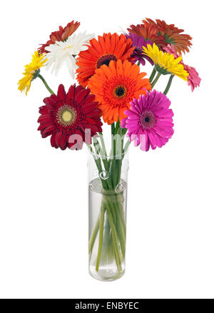 Bouquet da multi colorati fiori di gerbera in vaso di vetro disposizione centrotavola isolati su sfondo bianco. Foto Stock