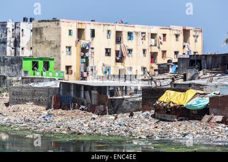 Terzo mondo indiano stile di vita di povertà: baraccopoli e blocchi di appartamenti sulle rive di Adyar inquinata estuario del fiume di Chennai, nello Stato del Tamil Nadu, nell India meridionale Foto Stock