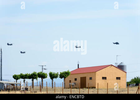 Tre Boeing CH-47D elicotteri Chinook battenti in linea con un Eurocopter Super Puma di fronte alla linea Foto Stock