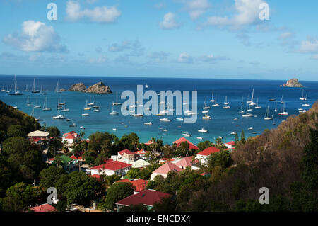 St Barth, St. Barths, Saint-Barthélemy: il Mar dei Caraibi con le barche a vela nel porto di Gustavia visto dal villaggio di Corossol Foto Stock