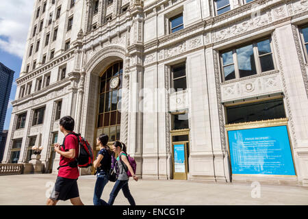 Chicago Illinois, Michigan Avenue, grattacielo, architettura edificio Wrigley, edificio storico degli uffici, Wrigley Plaza, ingresso, fronte, porta in ottone, orologio, ornam Foto Stock