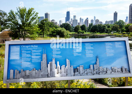 Chicago, Illinois, North Side, Lincoln Park, Lincoln Park Zoo, parco pubblico, passeggiata naturalistica, habitat naturale delle paludi, skyline, vista del centro, schema dello skyline, sk Foto Stock