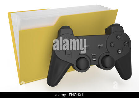 La cartella gialla con il gamepad isolati su sfondo bianco Foto Stock