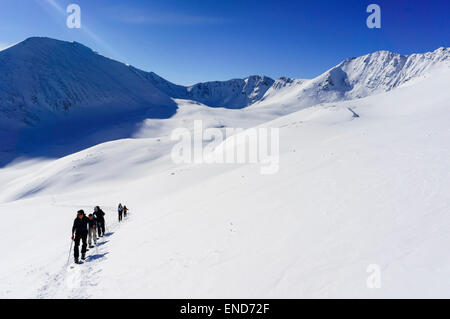 Gli sciatori di scialpinismo sulla strada Rornefjellet, Alpi Lyngen (Lyngsalpene), Troms, Norvegia. Foto Stock
