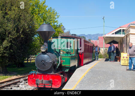Redwater Creek e il patrimonio della società ferroviaria in Sheffield,Tasmania, Australia, 1906 Krauss 610mm manometro loco tira carrelli Foto Stock